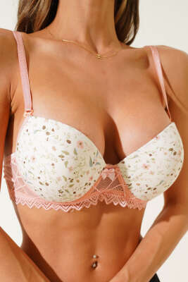 Çiçek Desenli Dantelli Destekli Sütyen Somon - ECEM YILDIZ