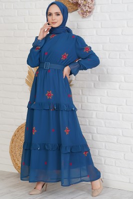 Çiçek Desenli Kemerli İndigo Şifon Elbise