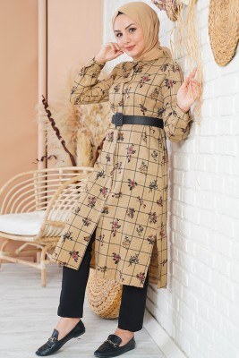 Çiçek Desenli Kemerli Taba Tunik 