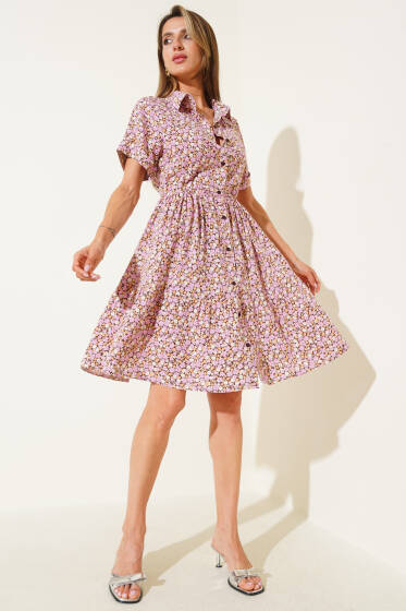Çiçek Desenli Mini Elbise Pembe - Kadın Giyim Modelleri