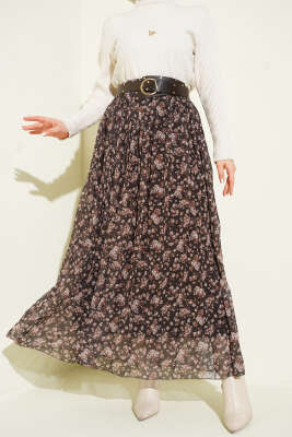 Çiçek Desenli Piliseli Şifon Etek Kahve