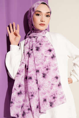 Çiçek Desenli Rami Şal Lila - Başörtüsü