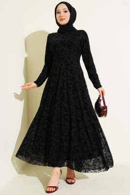 Çiçek Desenli Tül Elbise Siyah
