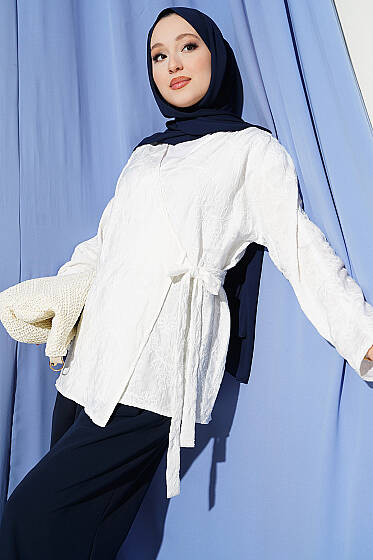 Çiçek İşlemeli Bağlamalı Kimono Beyaz - Dış Giyim&Mont