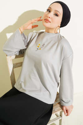 Çiçek İşlemeli Loyşa Bluz Gri - SAS