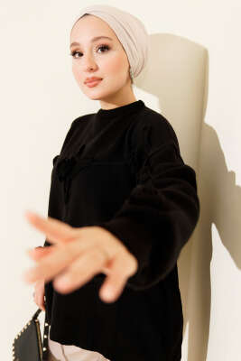 Çiçek İşlemeli Triko Kazak Siyah - Triko Kazak