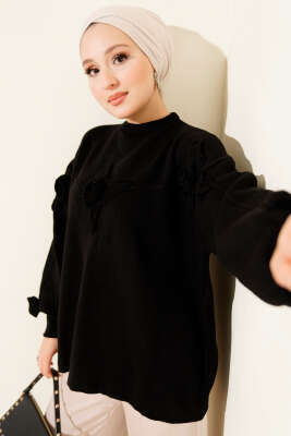 Çiçek İşlemeli Triko Kazak Siyah - Triko Kazak