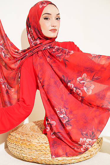 Çiçek Motif Detaylı Şal Kırmızı - Başörtüsü