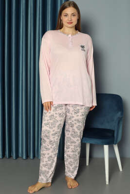 Çiçek Nakışlı Büyük Beden Pijama Takımı Pembe - Pijama & Gecelik