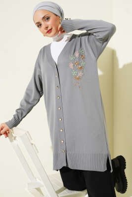 Çiçek Nakışlı Düğmeli Merserize Hırka Gri - NOVALÜX
