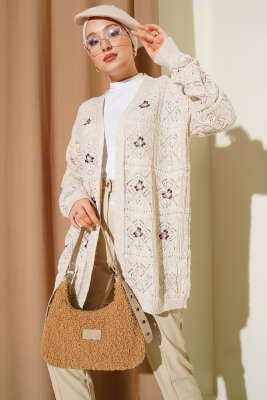 Çiçek Nakışlı Örgü Triko Hırka Taş 