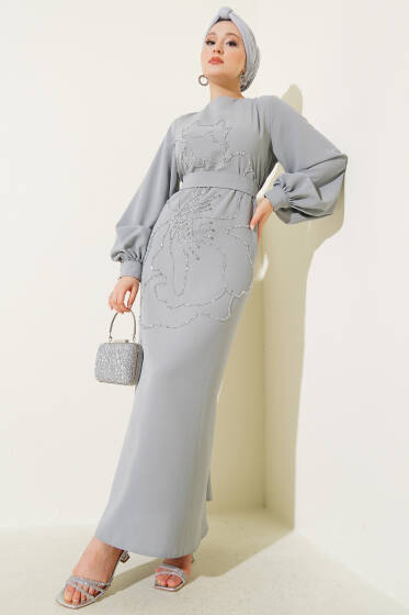 Çiçek Taş Süslemeli Abiye Elbise Gri - Elbise