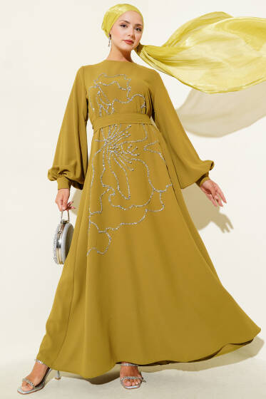 Çiçek Taş Süslemeli Abiye Elbise Yağ Yeşili - Abiye Elbise