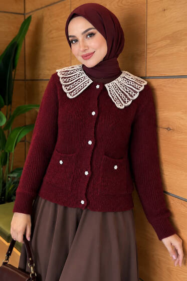 Çift Cepli Dantel Yaka Triko Hırka Bordo - Hırka