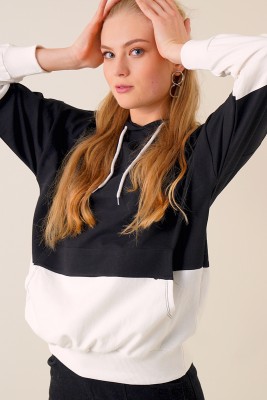 Çift Renkli Kapüşonlu Siyah Sweatshirt - GRİ MODA