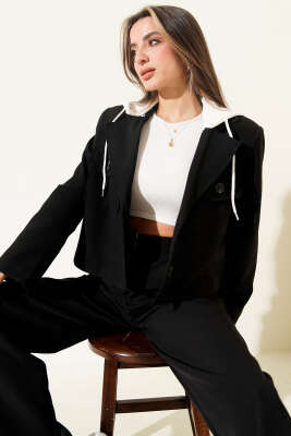 Çıkartılabilir Kapüşonlu Blazer Crop Ceket Siyah 