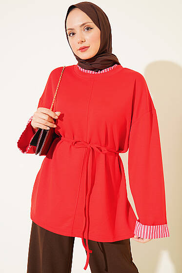 Çizgi Garnili İp Bağcıklı Tunik Kırmızı - Tunik