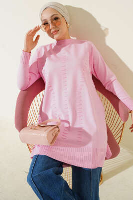 Çizgi Kabartmalı Merserize Triko Tunik Pembe