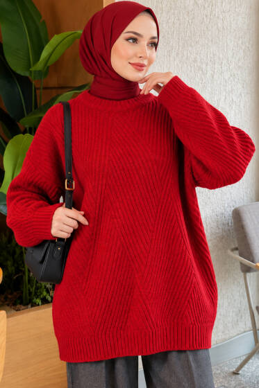 Çizgi Kabartmalı Triko Tunik Kırmızı - Tunik
