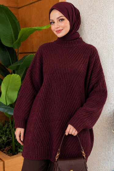 Çizgi Kabartmalı Triko Tunik Mürdüm - Tunik