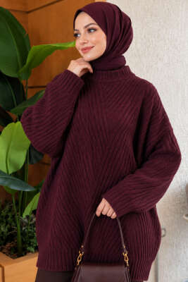 Çizgi Kabartmalı Triko Tunik Mürdüm - Tunik