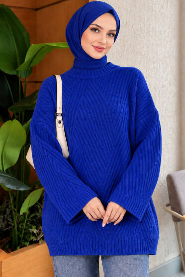 Çizgi Kabartmalı Triko Tunik Saks - Tunik