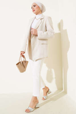 Çizgi Manşetli Keten Blazer Ceket Bej - Ceket