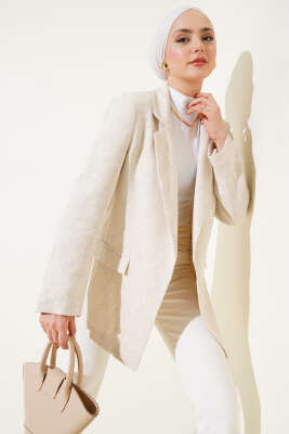 Çizgi Manşetli Keten Blazer Ceket Bej - KİREMİT