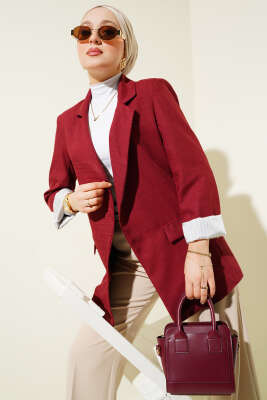 Çizgi Manşetli Keten Blazer Ceket Bordo 