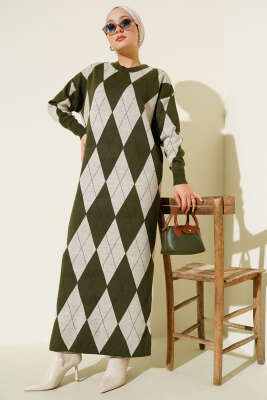 Çizgili Baklava Desenli Triko Elbise Haki