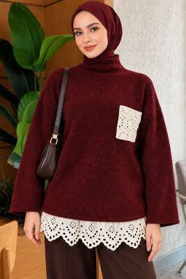 Dantel Cep Detaylı Triko Tunik Bordo - FOR ANGELS