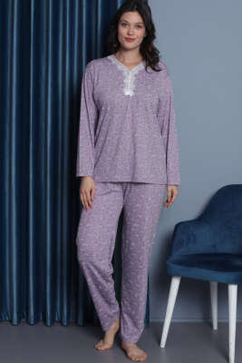 Dantelli Viskon Pijama Takımı Lila 