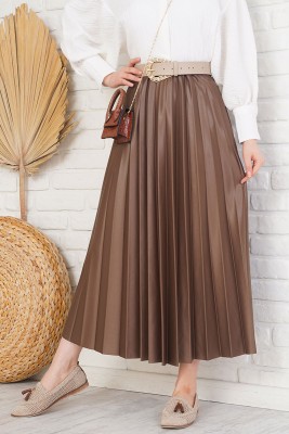 Deri Görünümlü Piliseli Kahve Etek