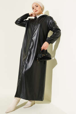  Deri Kol Lastikli Trençkot Siyah