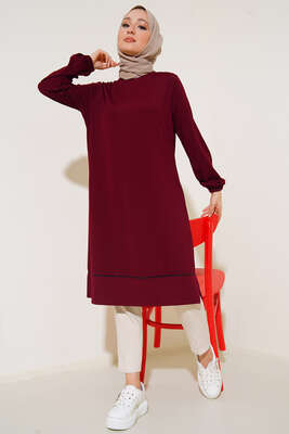 Deri Şeritli Basic Uzun Tunik Bordo 