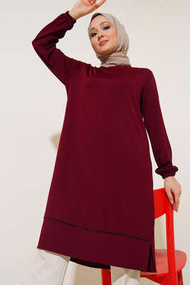 Deri Şeritli Basic Uzun Tunik Bordo - Tunik