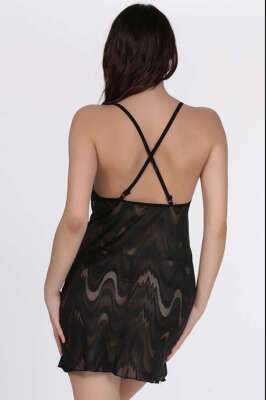 Desen Detaylı Askılı Gecelik Siyah - Fantezi İç Giyim