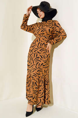 Desenli Bürümcük Elbise Camel - NEVA MODA