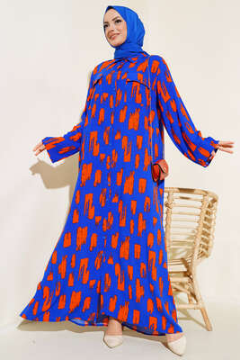 Desenli Cepli Elbise Saks Oranj - NEVA MODA