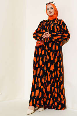 Desenli Cepli Elbise Siyah Oranj - NEVA MODA