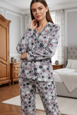 Desenli Düğmeli Süet Pijama Takımı Gri 