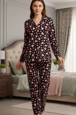 Desenli Düğmeli Süet Pijama Takımı Siyah Pudra 