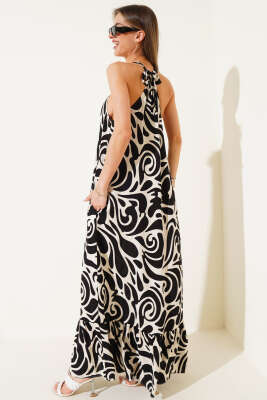 Desenli İp Askılı Elbise Siyah - Kadın Giyim Modelleri