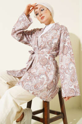 Desenli İp Bağcıklı Kimono Latte