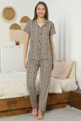 Desenli Kruvaze Yaka Kısa Kol Pijama Takımı Leopar - IŞILAY