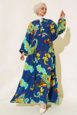 Desenli Patlı Elbise Lacivert - NEVA MODA