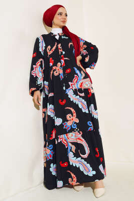 Desenli Patlı Elbise Siyah - NEVA MODA