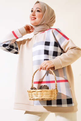 Desenli Scuba Tunik Bej 