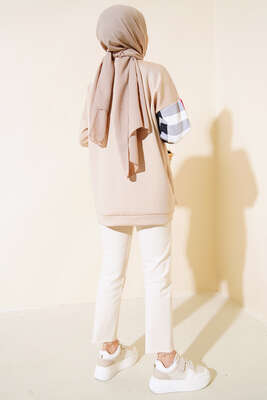 Desenli Scuba Tunik Bej - Tunik