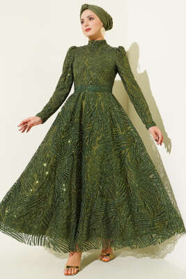 Desenli Simli Pullu Abiye Elbise Haki 